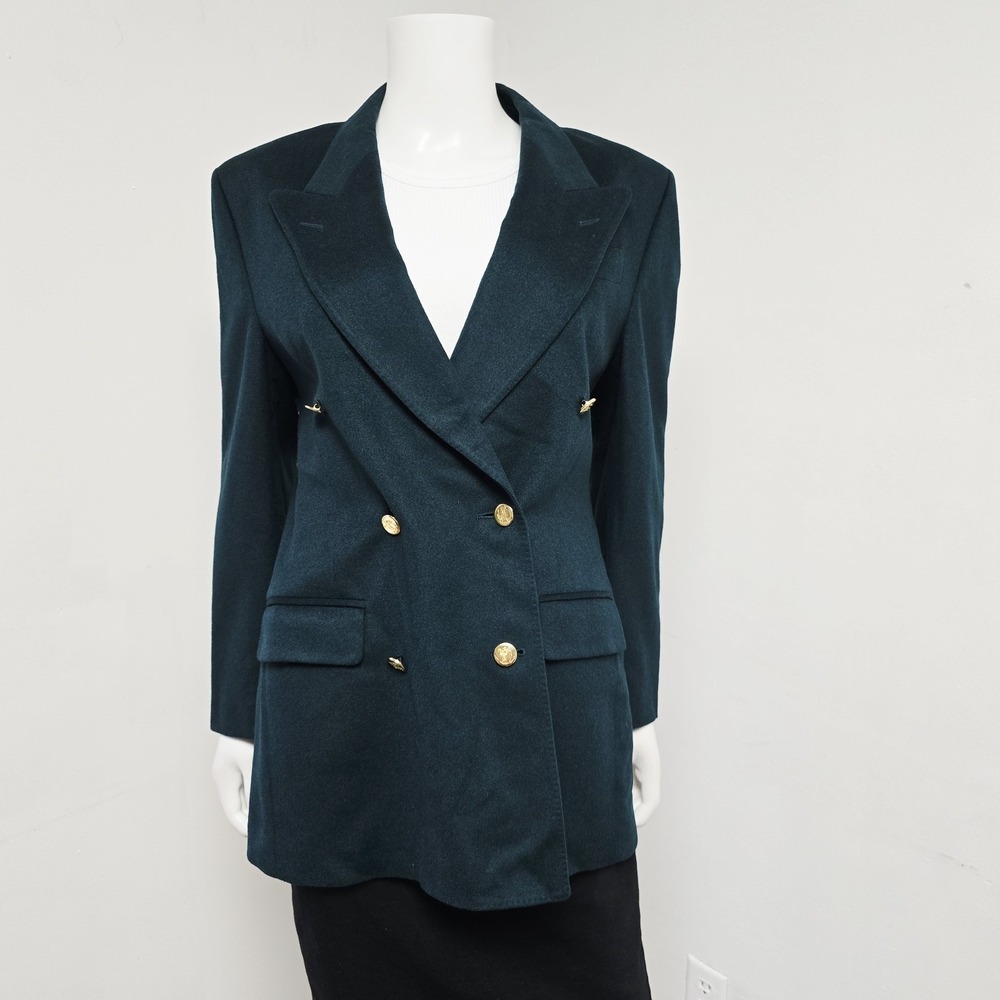 Burberrys England Blazer Jacket Size 10 Wool Cashmere Double Breasted Green Prep - Picture 2 of 16